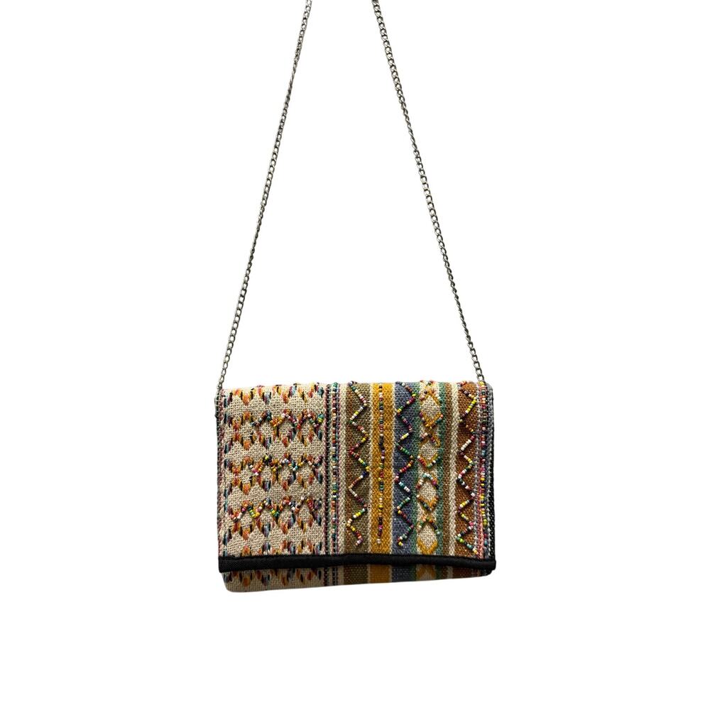 Boho Beaded Crossbody Bag Woven Foldover Clutch Tribal Aztec Chain Strap EUC